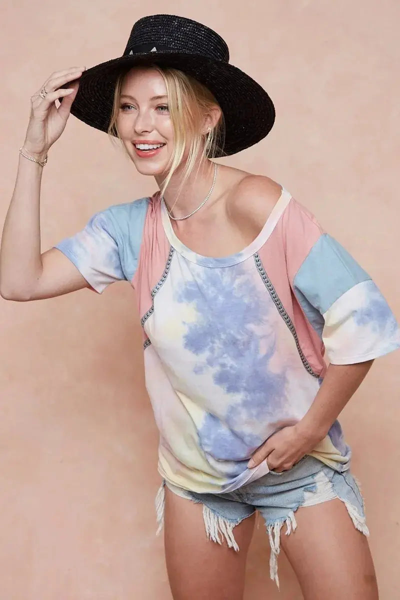 BiBi Tie Dye Printed Cotton Color Block T-Shirt for Women - Love Salve